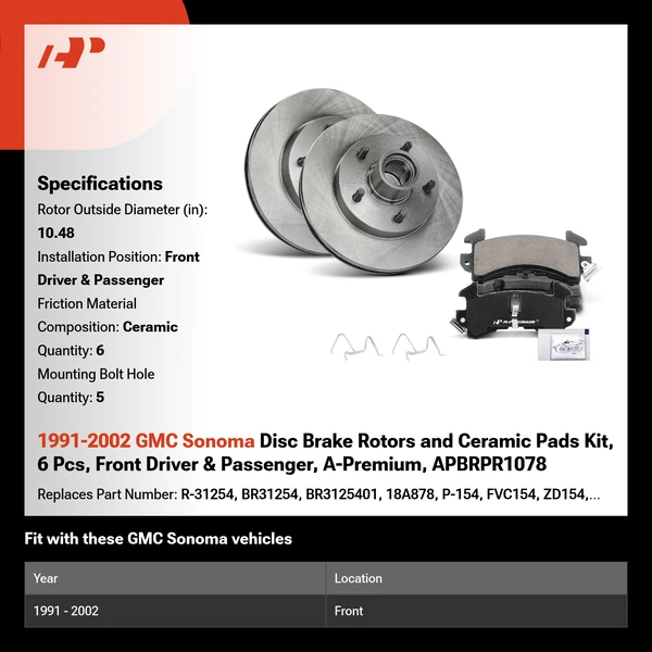 1991-2002 GMC Sonoma Disc Brake Rotors and Ceramic Pads Kit, 6 Pcs, Front Driver & Passenger, A-Premium, APBRPR1078