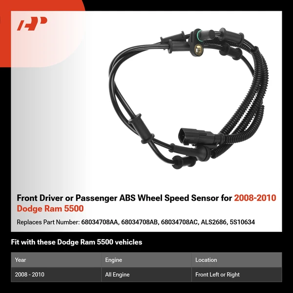 Front Driver or Passenger ABS Wheel Speed Sensor for 2008-2010 Dodge Ram 5500