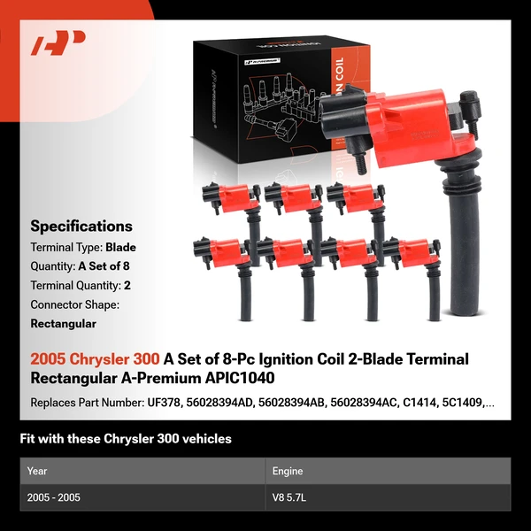 2005 Chrysler 300 A Set of 8-Pc Ignition Coil 2-Blade Terminal Rectangular A-Premium APIC1040