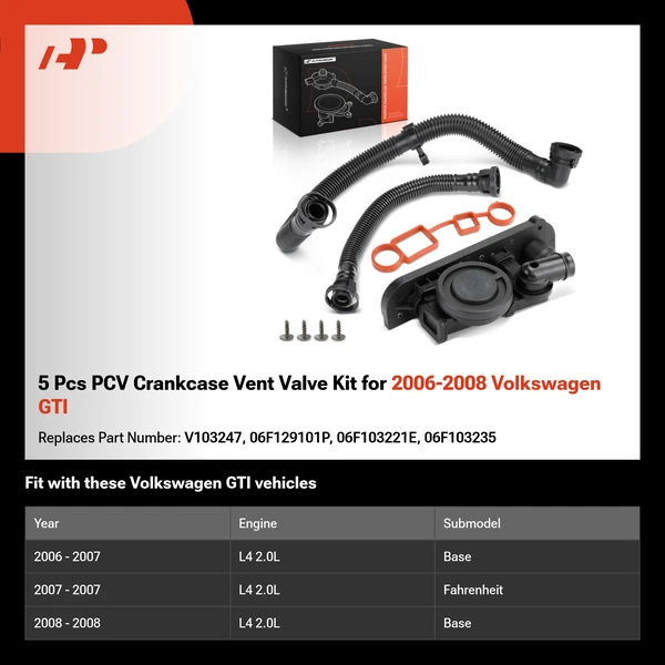 5 Pcs PCV Crankcase Vent Valve Kit for 2006-2008 Volkswagen GTI