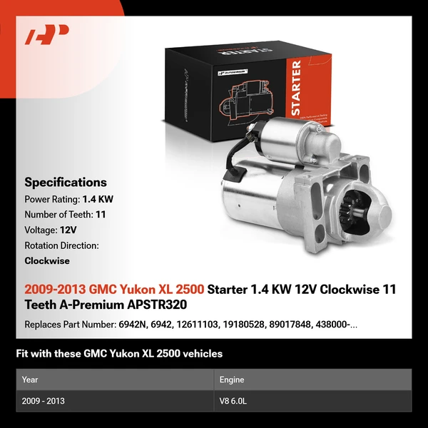 2009-2013 GMC Yukon XL 2500 Starter 1.4 KW 12V Clockwise 11 Teeth A-Premium APSTR320