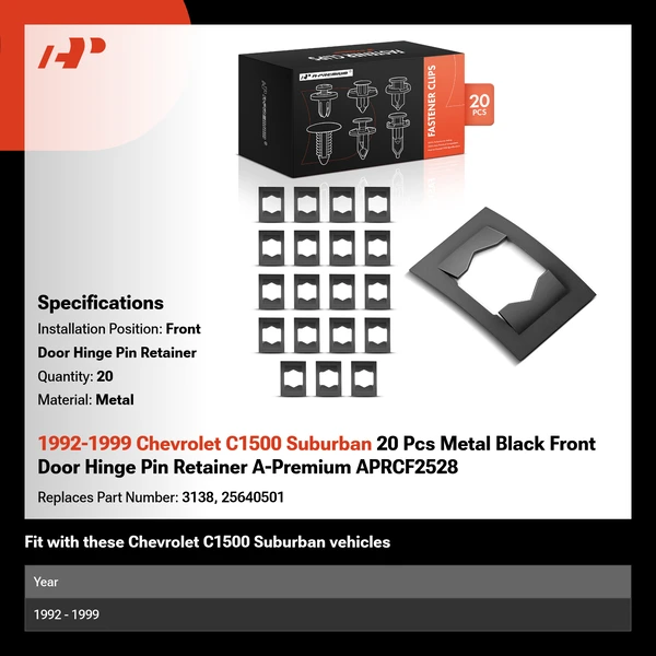 1992-1999 Chevrolet C1500 Suburban 20 Pcs Metal Black Front Door Hinge Pin Retainer A-Premium APRCF2528