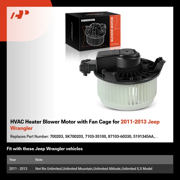HVAC Heater Blower Motor with Fan Cage for 2011-2013 Jeep Wrangler