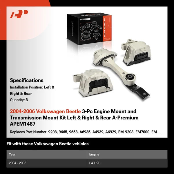 2004-2006 Volkswagen Beetle 3-Pc Engine Mount and Transmission Mount Kit Left & Right & Rear A-Premium APEM1487