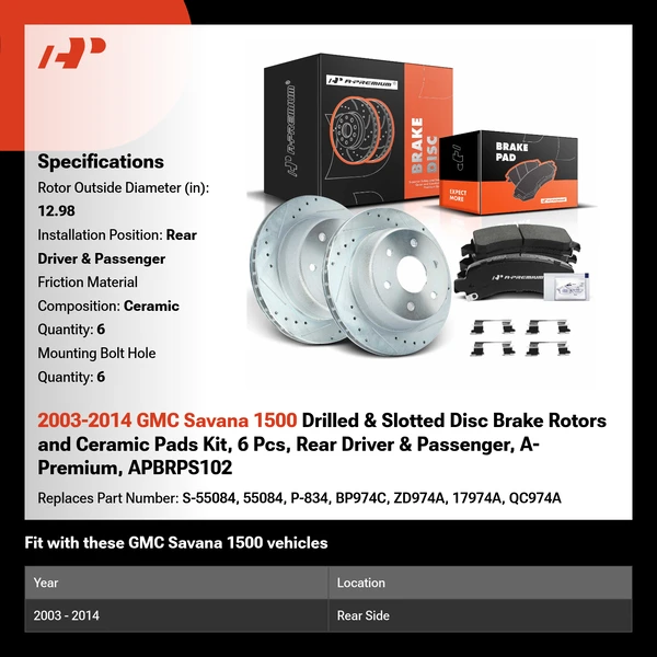2003-2014 GMC Savana 1500 Drilled & Slotted Disc Brake Rotors and Ceramic Pads Kit, 6 Pcs, Rear Driver & Passenger, A-Premium, APBRPS102
