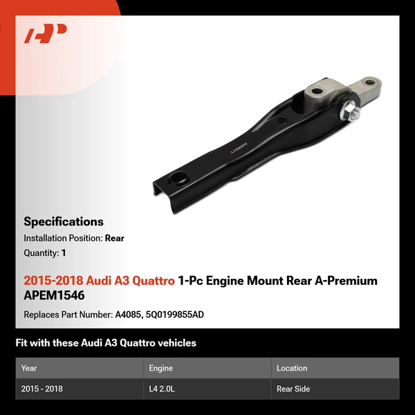 2015-2018 Audi A3 Quattro 1-Pc Engine Mount Rear A-Premium APEM1546