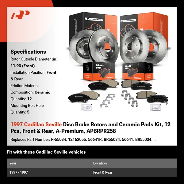 1997 Cadillac Seville Disc Brake Rotors and Ceramic Pads Kit, 12 Pcs, Front & Rear, A-Premium, APBRPR258