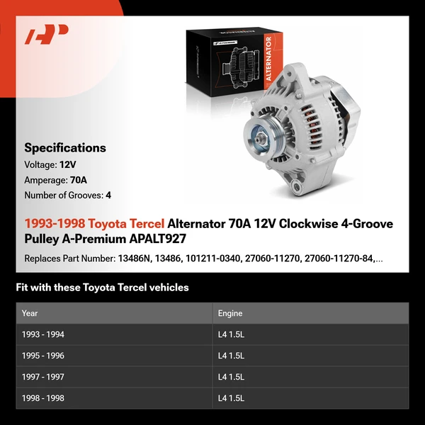 1993-1998 Toyota Tercel Alternator 70A 12V Clockwise 4-Groove Pulley A-Premium APALT927