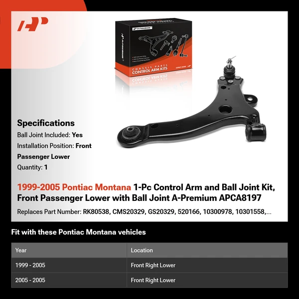 1999-2005 Pontiac Montana 1-Pc Control Arm and Ball Joint Kit, Front Passenger Lower with Ball Joint A-Premium APCA8197