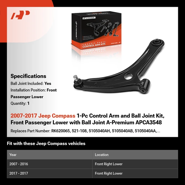 2007-2017 Jeep Compass 1-Pc Control Arm and Ball Joint Kit, Front Passenger Lower with Ball Joint A-Premium APCA3548