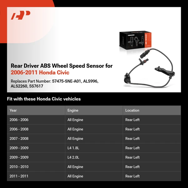 Rear Driver ABS Wheel Speed Sensor for 2006-2011 Honda Civic