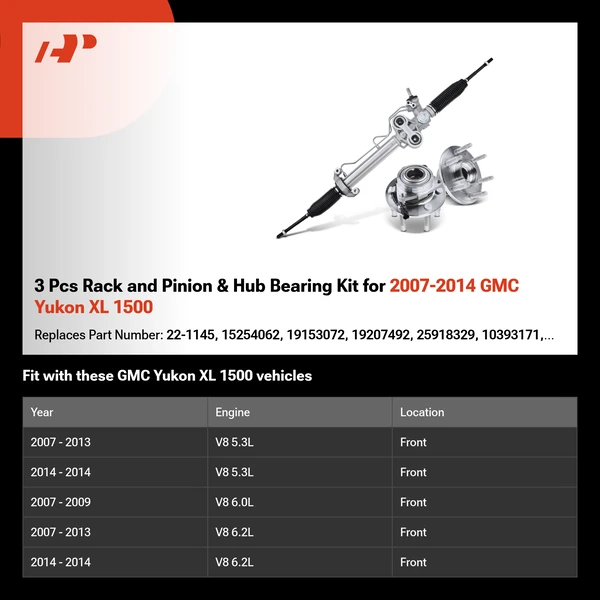 3 Pcs Rack and Pinion & Hub Bearing Kit for 2007-2014 GMC Yukon XL 1500