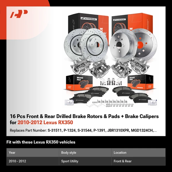 16 Pcs Front & Rear Drilled Brake Rotors & Pads + Brake Calipers for 2010-2012 Lexus RX350