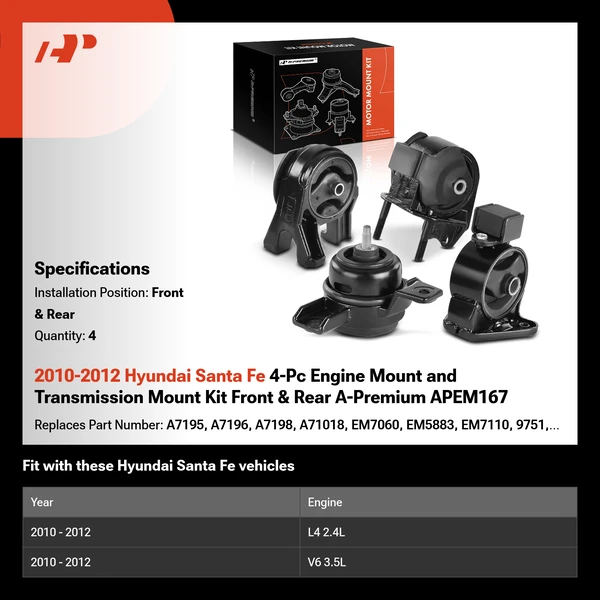 2010-2012 Hyundai Santa Fe 4-Pc Engine Mount and Transmission Mount Kit Front & Rear A-Premium APEM167