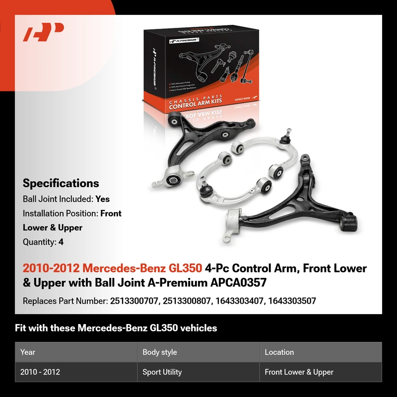 2010-2012 Mercedes-Benz GL350 4-Pc Control Arm, Front Lower & Upper with Ball Joint A-Premium APCA0357