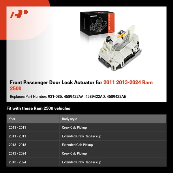 Front Passenger Door Lock Actuator for 2011 2013-2024 Ram 2500