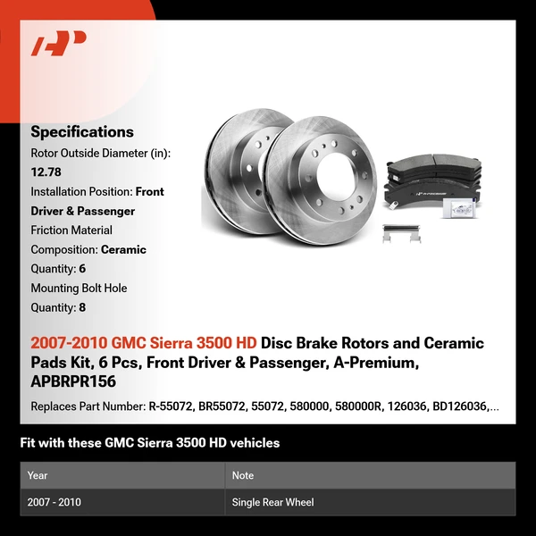 2007-2010 GMC Sierra 3500 HD Disc Brake Rotors and Ceramic Pads Kit, 6 Pcs, Front Driver & Passenger, A-Premium, APBRPR156