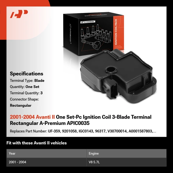 2001-2004 Avanti II One Set-Pc Ignition Coil 3-Blade Terminal Rectangular A-Premium APIC0035