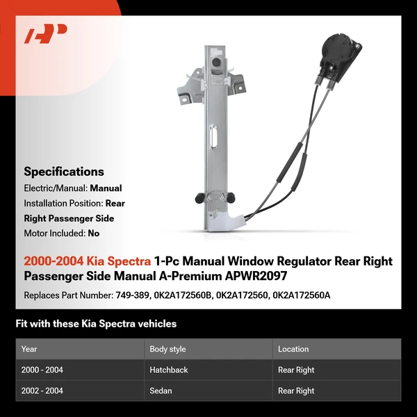 2000-2004 Kia Spectra 1-Pc Manual Window Regulator Rear Right Passenger Side Manual A-Premium APWR2097