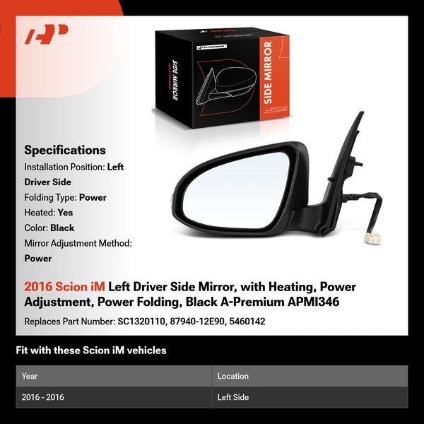 2016 Scion iM Left Driver Side Mirror, with Heating, Power Adjustment, Power Folding, Black A-Premium APMI346