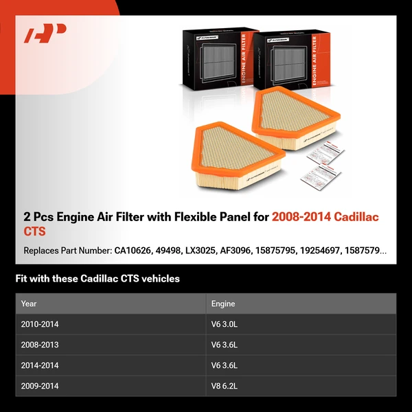 2 Pcs Engine Air Filter with Flexible Panel for 2008-2014 Cadillac CTS