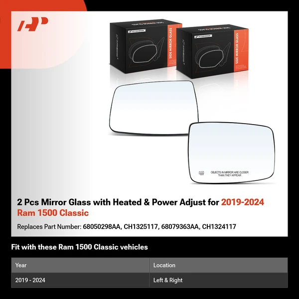 2 Pcs Mirror Glass with Heated & Power Adjust for 2019-2024 Ram 1500 Classic