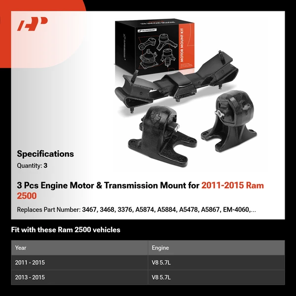 3 Pcs Engine Motor & Transmission Mount for 2011-2015 Ram 2500
