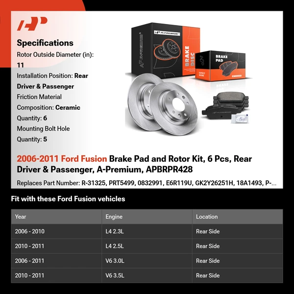 2006-2011 Ford Fusion Brake Pad and Rotor Kit, 6 Pcs, Rear Driver & Passenger, A-Premium, APBRPR428
