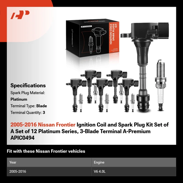 2005-2016 Nissan Frontier Ignition Coil and Spark Plug Kit Set of A Set of 12 Platinum Series, 3-Blade Terminal A-Premium APIC0494