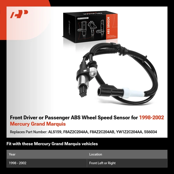 Front Driver or Passenger ABS Wheel Speed Sensor for 1998-2002 Mercury Grand Marquis