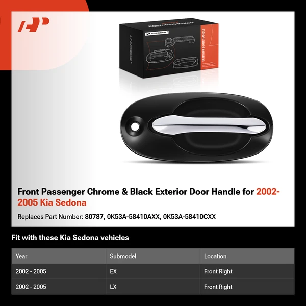 Front Passenger Chrome & Black Exterior Door Handle for 2002-2005 Kia Sedona
