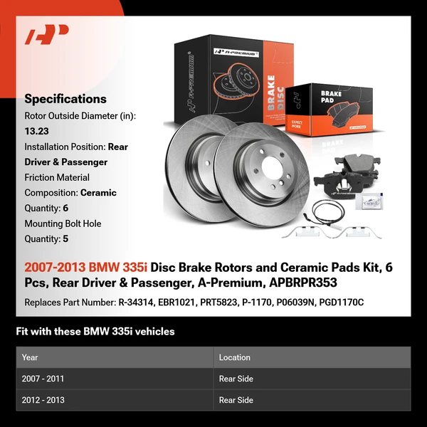 2007-2013 BMW 335i Disc Brake Rotors and Ceramic Pads Kit, 6 Pcs, Rear Driver & Passenger, A-Premium, APBRPR353