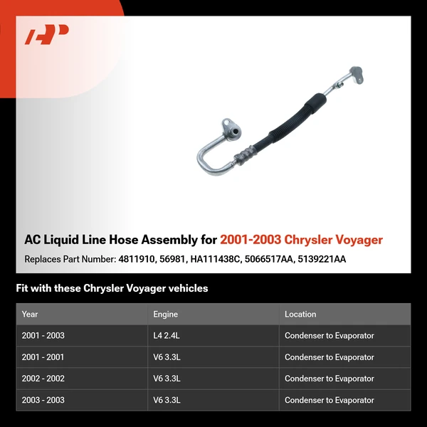 AC Liquid Line Hose Assembly for 2001-2003 Chrysler Voyager