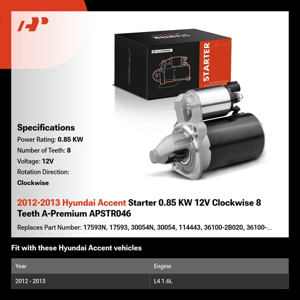 2012-2013 Hyundai Accent Starter 0.85 KW 12V Clockwise 8 Teeth A-Premium APSTR046