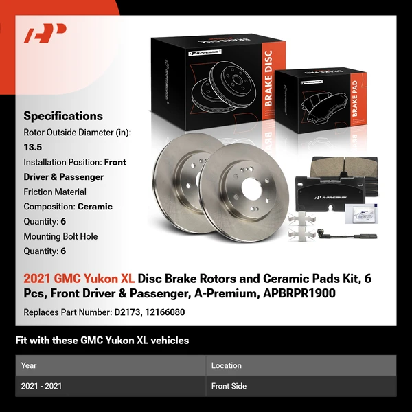 2021 GMC Yukon XL Disc Brake Rotors and Ceramic Pads Kit, 6 Pcs, Front Driver & Passenger, A-Premium, APBRPR1900