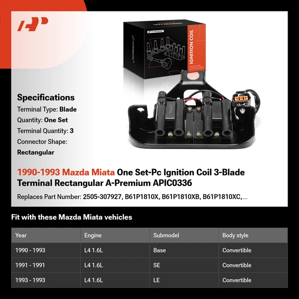 1990-1993 Mazda Miata One Set-Pc Ignition Coil 3-Blade Terminal Rectangular A-Premium APIC0336
