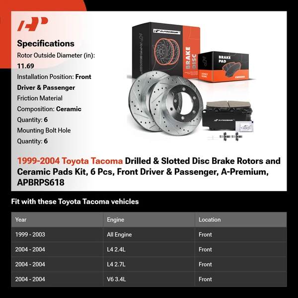 1999-2004 Toyota Tacoma Drilled & Slotted Disc Brake Rotors and Ceramic Pads Kit, 6 Pcs, Front Driver & Passenger, A-Premium, APBRPS618