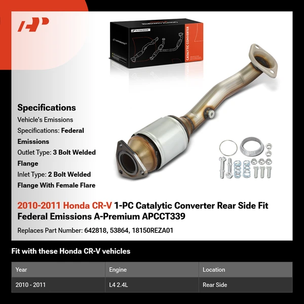2010-2011 Honda CR-V 1-PC Catalytic Converter Rear Side Fit Federal Emissions A-Premium APCCT339