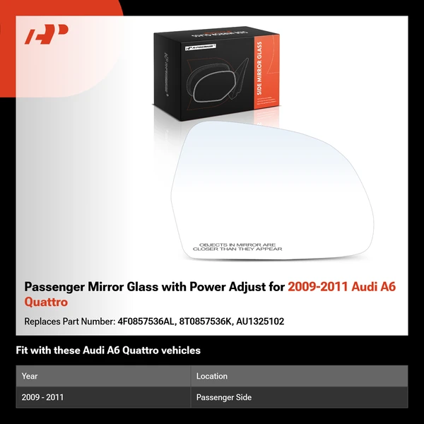 Passenger Mirror Glass with Power Adjust for 2009-2011 Audi A6 Quattro