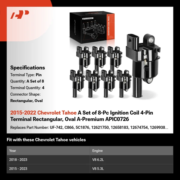 2015-2022 Chevrolet Tahoe A Set of 8-Pc Ignition Coil 4-Pin Terminal Rectangular, Oval A-Premium APIC0726