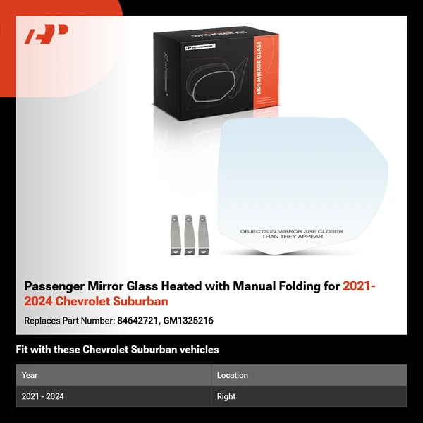 Passenger Mirror Glass Heated with Manual Folding for 2021-2024 Chevrolet Suburban