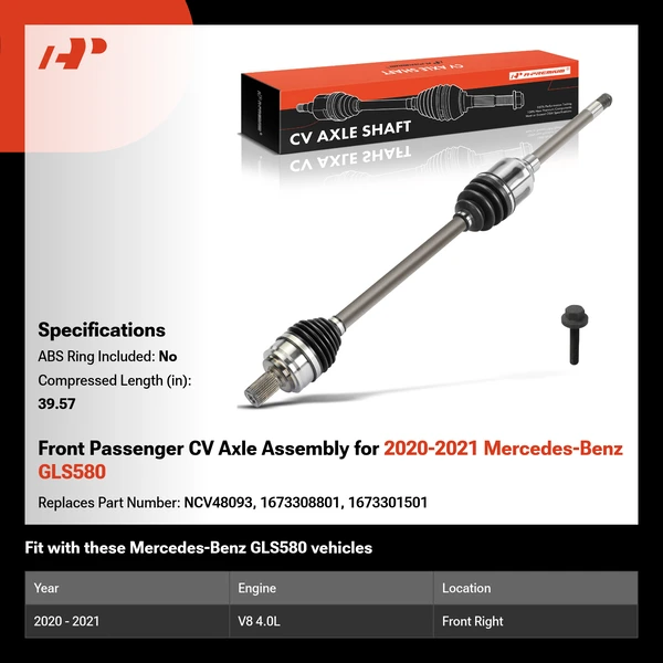 Front Passenger CV Axle Assembly for 2020-2021 Mercedes-Benz GLS580