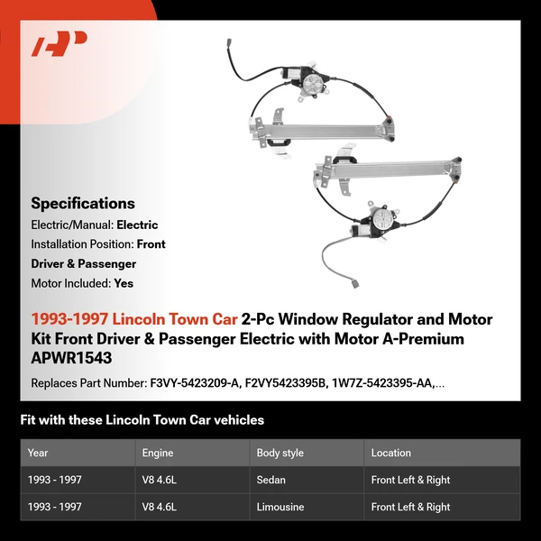 1993-1997 Lincoln Town Car 2-Pc Window Regulator and Motor Kit Front Driver & Passenger Electric with Motor A-Premium APWR1543
