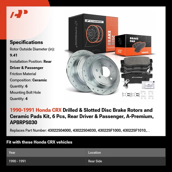 1990-1991 Honda CRX Drilled & Slotted Disc Brake Rotors and Ceramic Pads Kit, 6 Pcs, Rear Driver & Passenger, A-Premium, APBRPS030