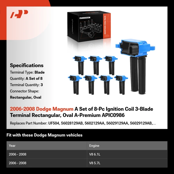 2006-2008 Dodge Magnum A Set of 8-Pc Ignition Coil 3-Blade Terminal Rectangular, Oval A-Premium APIC0986