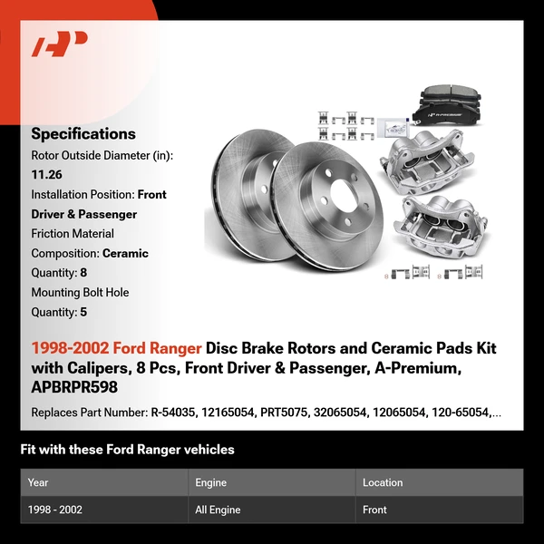 1998-2002 Ford Ranger Disc Brake Rotors and Ceramic Pads Kit with Calipers, 8 Pcs, Front Driver & Passenger, A-Premium, APBRPR598