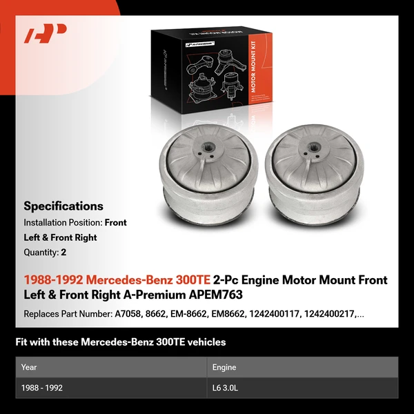 1988-1992 Mercedes-Benz 300TE 2-Pc Engine Motor Mount Front Left & Front Right A-Premium APEM763