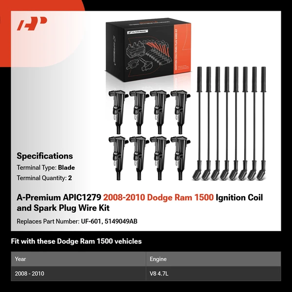A-Premium APIC1279 2008-2010 Dodge Ram 1500 Ignition Coil and Spark Plug Wire Kit