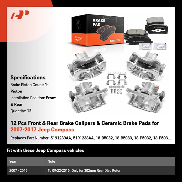 12 Pcs Front & Rear Brake Calipers & Ceramic Brake Pads for 2007-2017 Jeep Compass