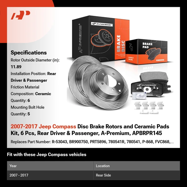 2007-2017 Jeep Compass Disc Brake Rotors and Ceramic Pads Kit, 6 Pcs, Rear Driver & Passenger, A-Premium, APBRPR145